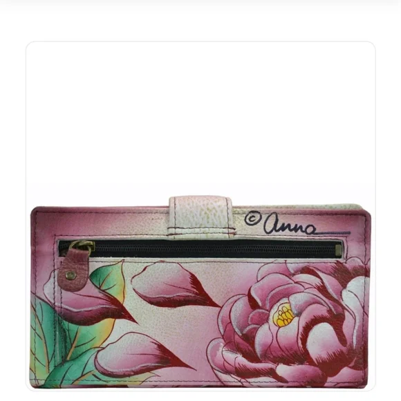 NWOT Anna By Anuschka $68 Hand Painted Leather Two Fold Wallet Flower Pattern - Picture 2 of 3